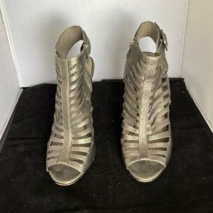 Vince Camuto Silver Pewter leather high heel sandals.  With zipper opening